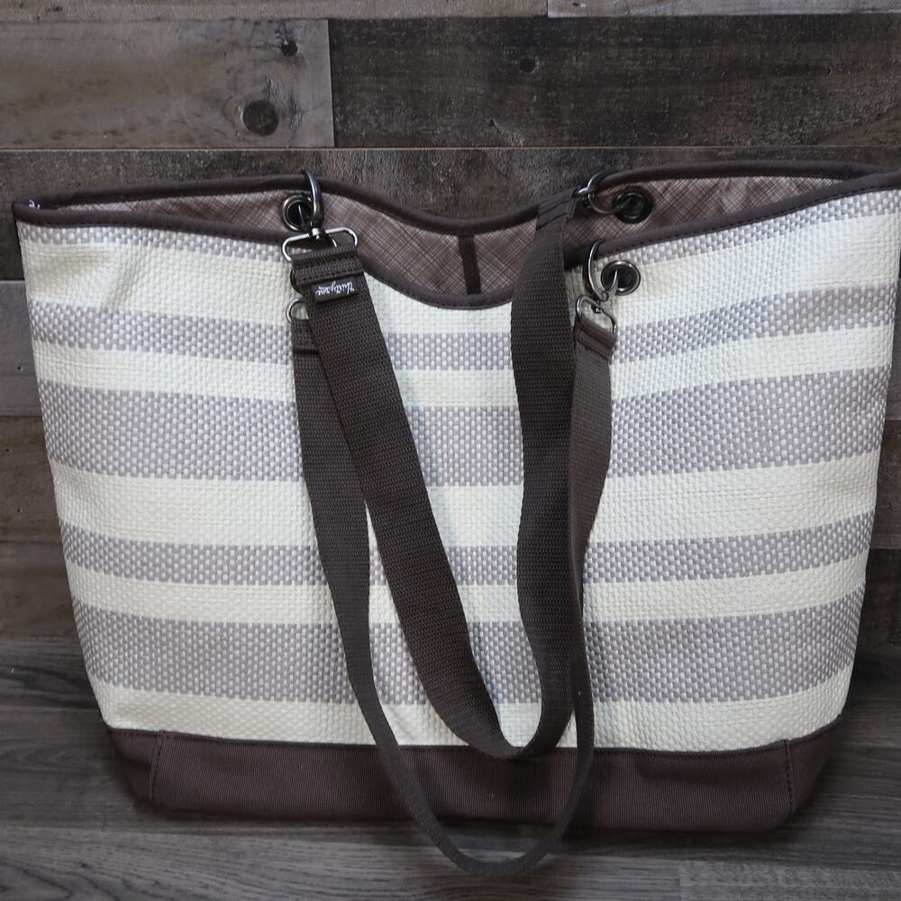 Thirty One Woven Straw Paper Tote Bag Striped